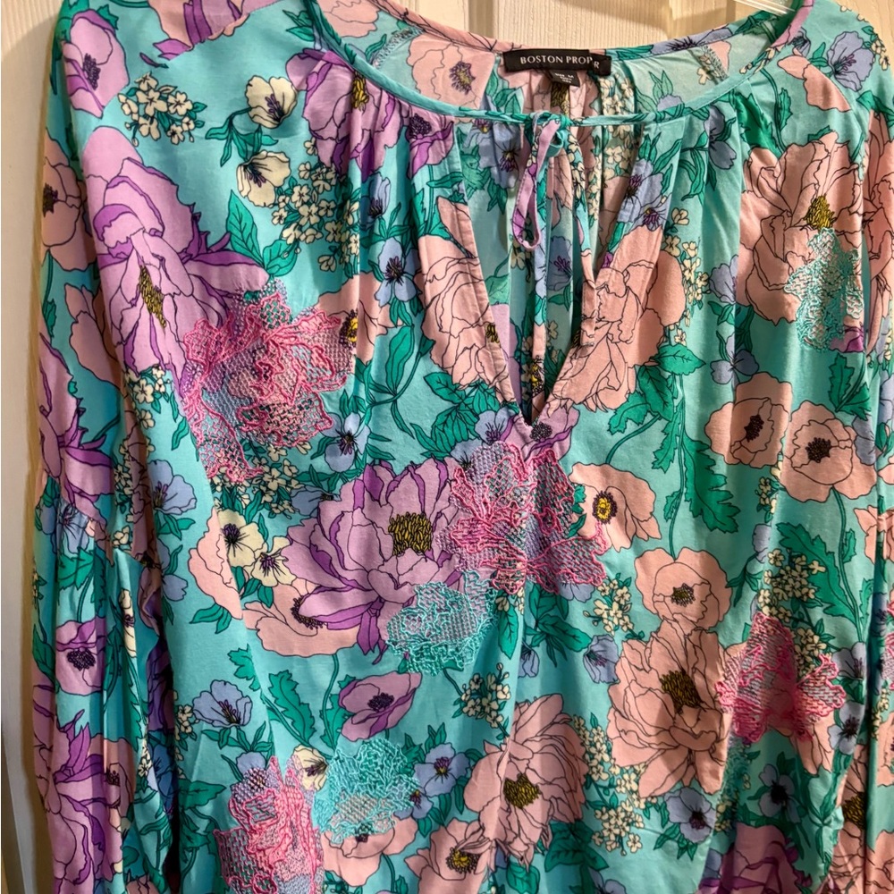 Boston Proper Turquoise Floral Blouse